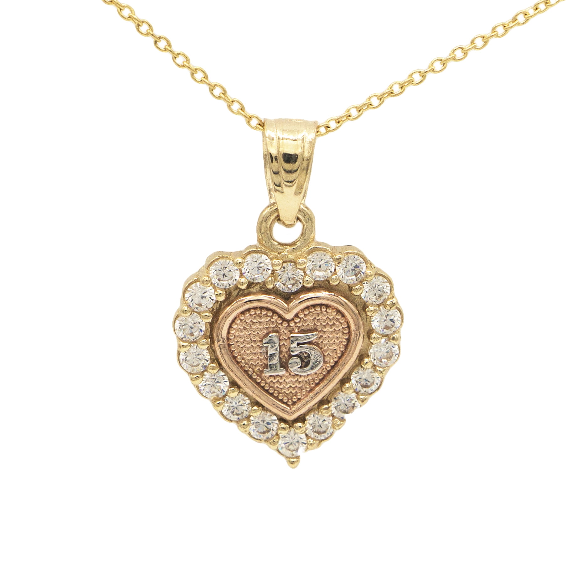 Years Script with Diamond-Cut Heart and Beaded 15 14k Tri-Color Gold Mis 15 Anos with 18 Rolo Chain Birthday Charm Pendant 
