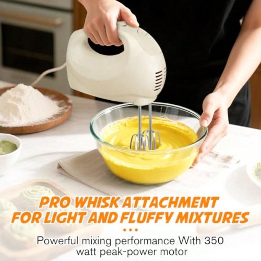 Handmixer Electric Handheld - 5 Speed Portable Kitchen Mixer Electric with 5 Stainless Steel Accessories Whisk Food Beater for Whipping Mixing Cookies Ivory
