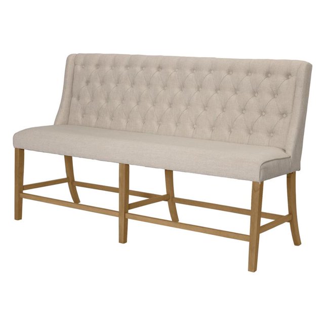 Natural Wood Counterheight Dining Bench Upholstered with Beige Linen Fabric