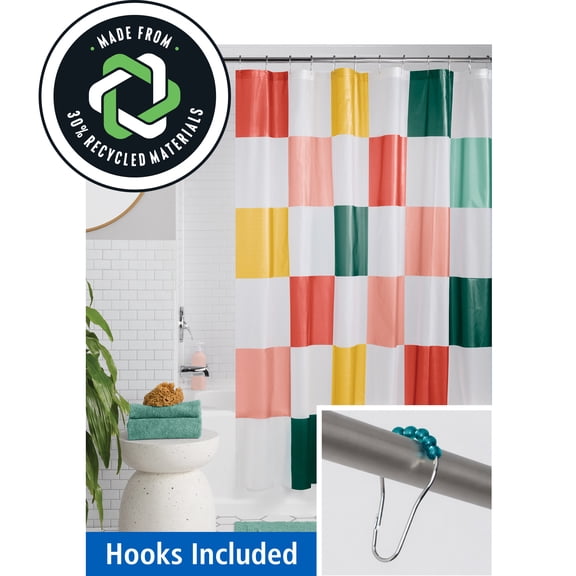 Mainstays 13-Piece Shower Set: Waterproof Color Check PEVA Shower Curtain and 12 Hooks, Multi-Color