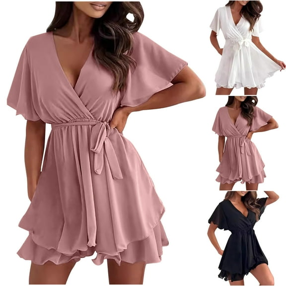Feancey Wedding Guest Dresses for Women Elegant Formal Dress Chiffon V Neck Ruffle Sleeve Mini Dresses High Waist Swing A-Line Dress Trendy Cocktail Party Dresses Black L