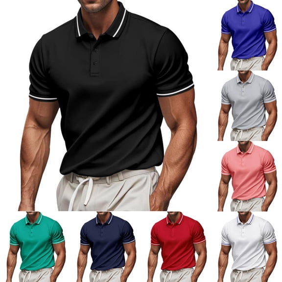 SGFCWSX Mens Polo Shirts Short Sleeve Casual Slim Fit Solid Business Golf Shirts for Men Black Size L