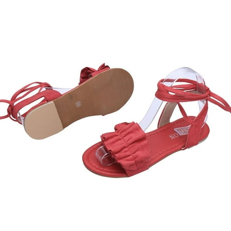 

Summer Saving Dvkptbk Women s Sandals Women Solid Color Ruffles Round Toe Flat Heel Cross Tied Sandals Roman Shoes Red 9
