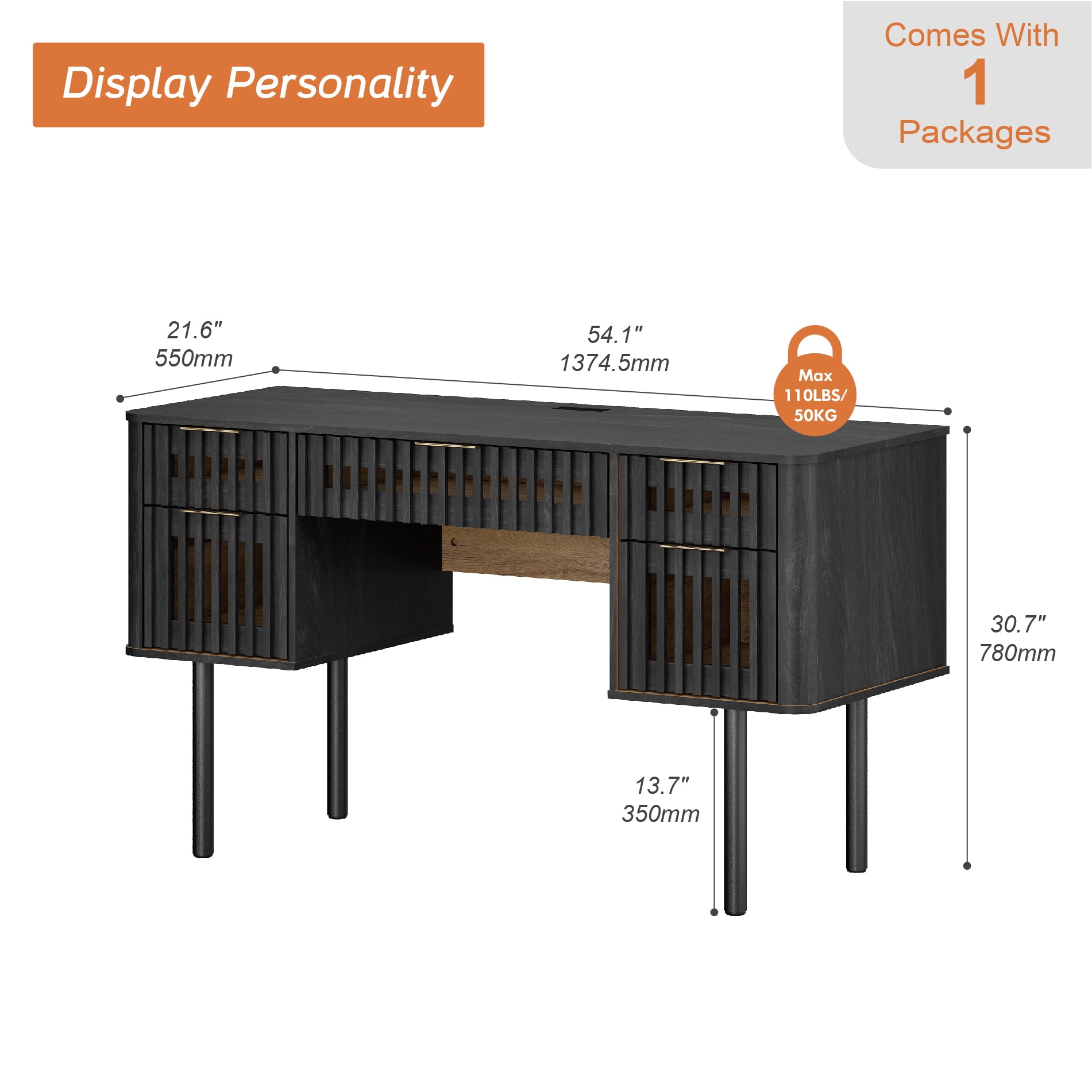 54" Executive Computer Desk with Storage and 5 Drawers for Home Office