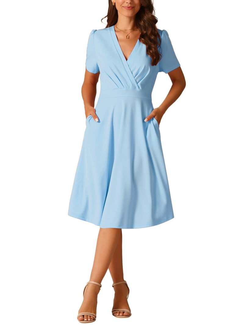 INSPIRE CHIC Women's Summer Wrap V Neck Puff Short Sleeve Midi Swing Dress  with Pockets L Sky Blue - Walmart.com