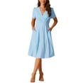 thumbnail image 2 of INSPIRE CHIC Women's Summer Wrap V Neck Puff Short Sleeve Midi Swing Dress with Pockets L Sky Blue, 2 of 5
