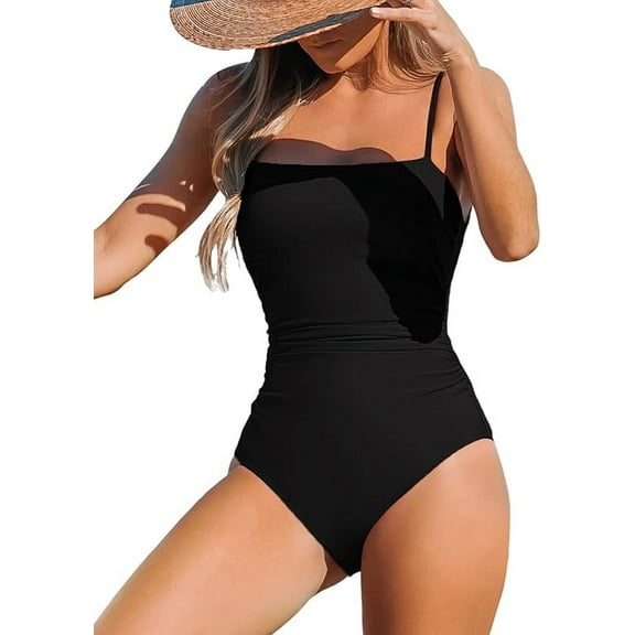 Women Swimsuit One Piece Bathing Suit Square Neck Cutout Back Tummy Control with Adjustable Spaghetti Straps Size S
