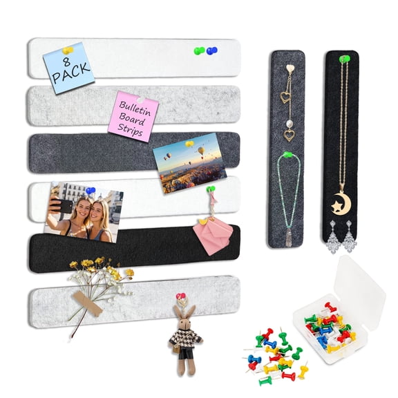 AGCAN 8 Pack Bulletin Board Strips, Cork Board for Walls, Self-Adhesive Felt Pin Boards with 30 Push Pins, 13" x 2", Multicolor