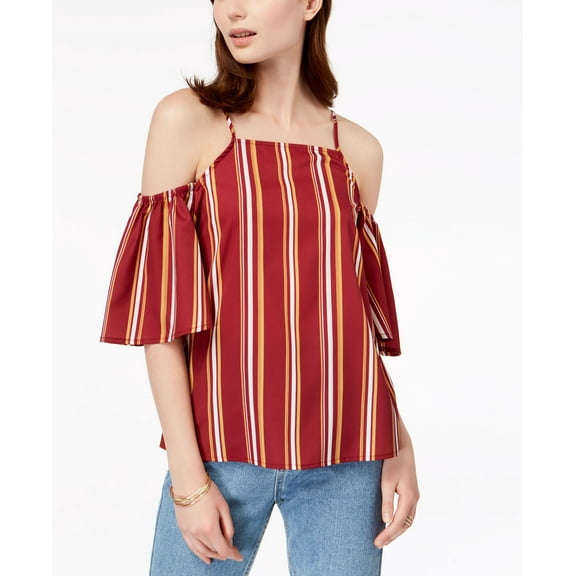 Almost Famous Juniors Striped Cold Shoulder Top Wine Cream XS