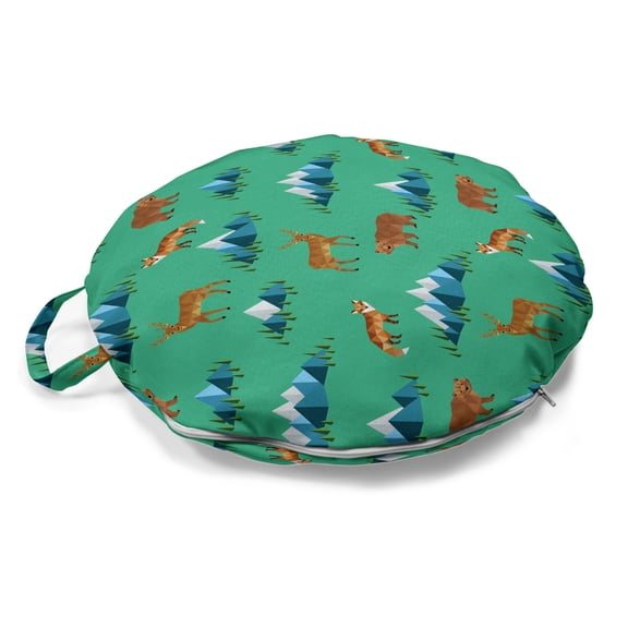 Animal Round Floor Cushion with Handle, Polygon Abstract Deer Fox Bear Mountains Illustration, Decorative Pillow for Living Room & Dorms, 18" Round, Sea Green Dark Turquoise, by Ambesonne