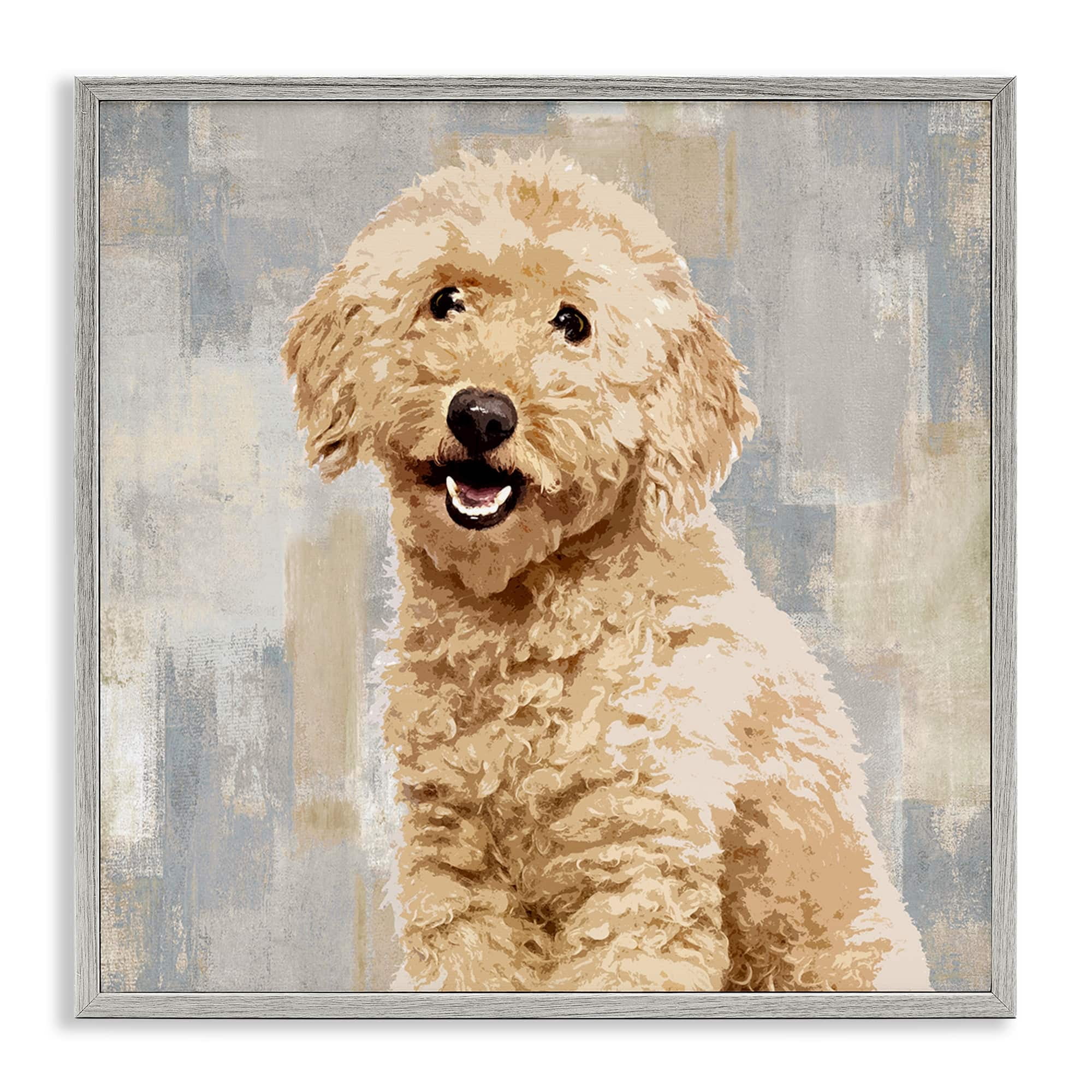 Smiling Labradoodle Dog Patchwork Grey Beige Pattern Animals & Insects Framed Art Print Wall Art, 17x17