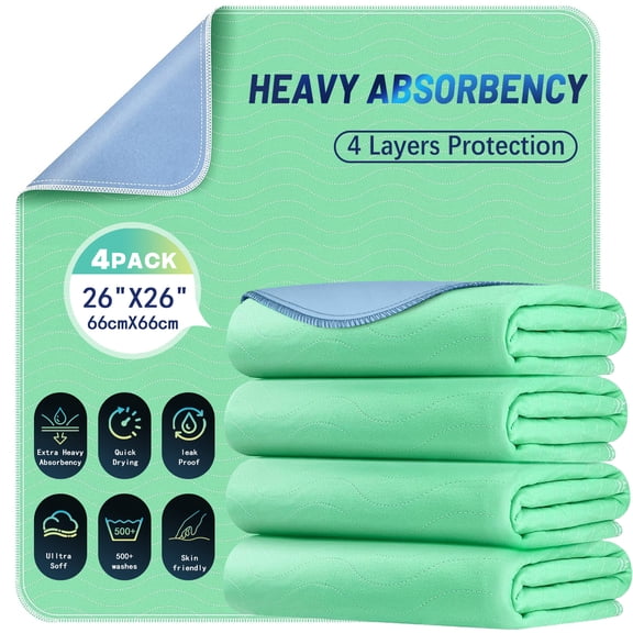 4 Pcs Extra Heavy Absorbency Washable Underpads, Waterproof Quick Drying Nursing Pads Incontinence Bed Pads, Reusable Washable Pee Pads for Dogs, Diaper Changing & Adults(26" X 26" )