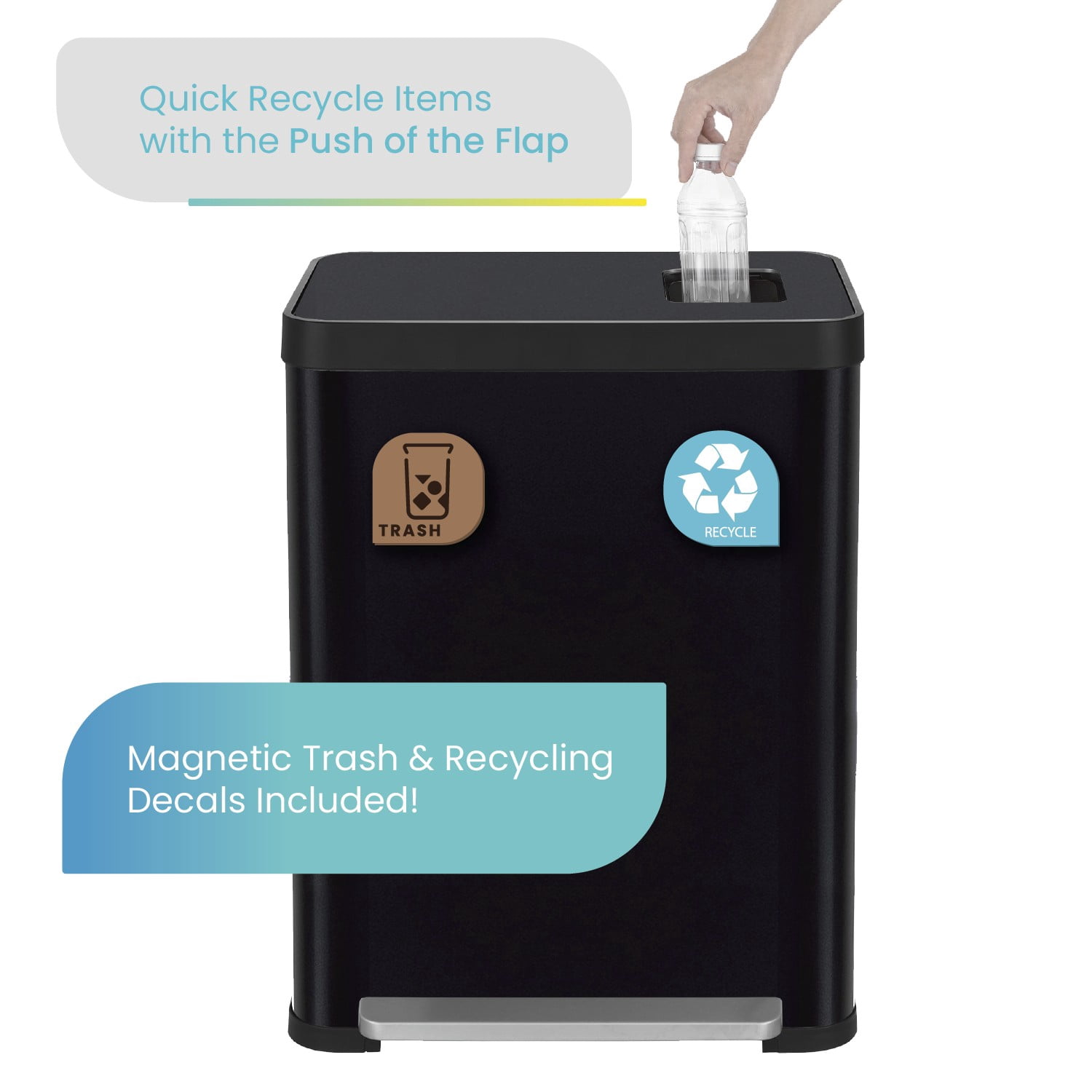 Home Zone Living 19 Gallon Dual Compartment Kitchen Trash Can with CleanAura Odor Control and Recycling Flap, Stainless Steel, Black