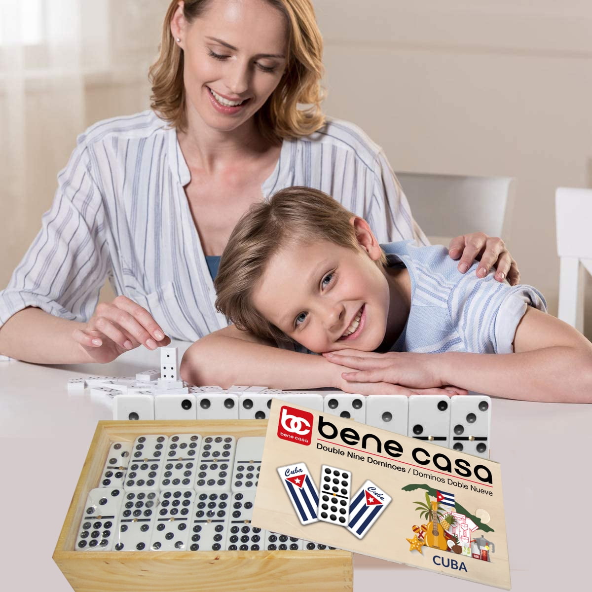 Bene Casa 55-Tile Handcrafted Cuban Double 9 Domino Set with Wooden Storage Box