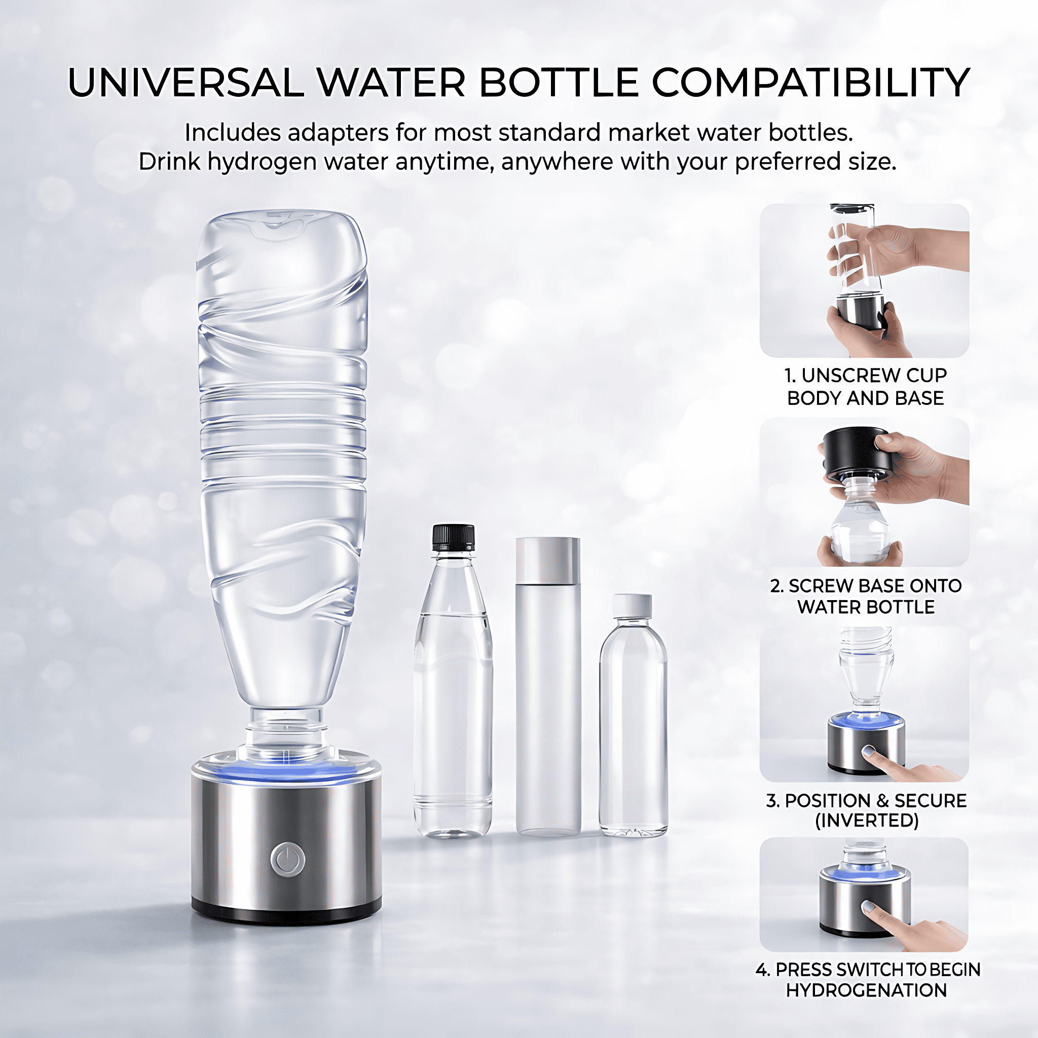 STARBIAO Hydrogen Water Bottle, 16 Oz Portable Rechargeable Hydrogen Water Generator, SPE & PEM Technology, 2800 PPB in 3 Minutes, Silver