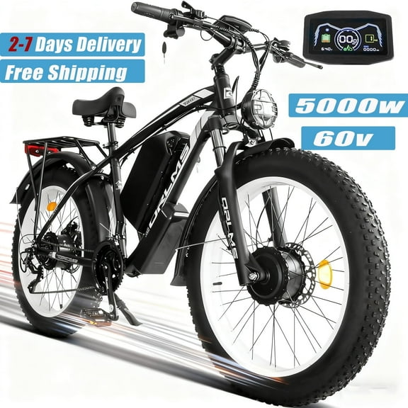 5000W Peak Dual Motor Electric Bike, 60V 25AH AWD Ebike for Adults, 21-Speeds 45MPH 26" Fat Tire Electric Dirt Bicycle for Mountain Snow Off-Road