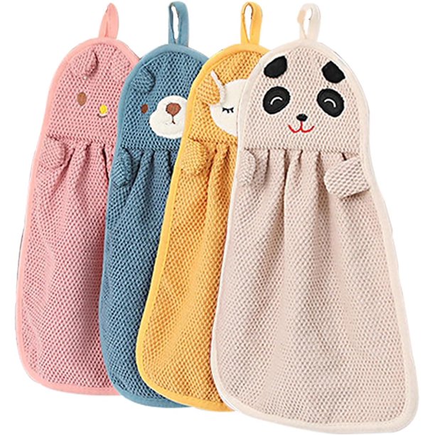 4 piezas de toallas de mano para niños, toallas de mano colgantes con animales bonitos, toallas para niños, toallas de mano pequeñas para niños, toalla de mano de microfibra con lazo para co
