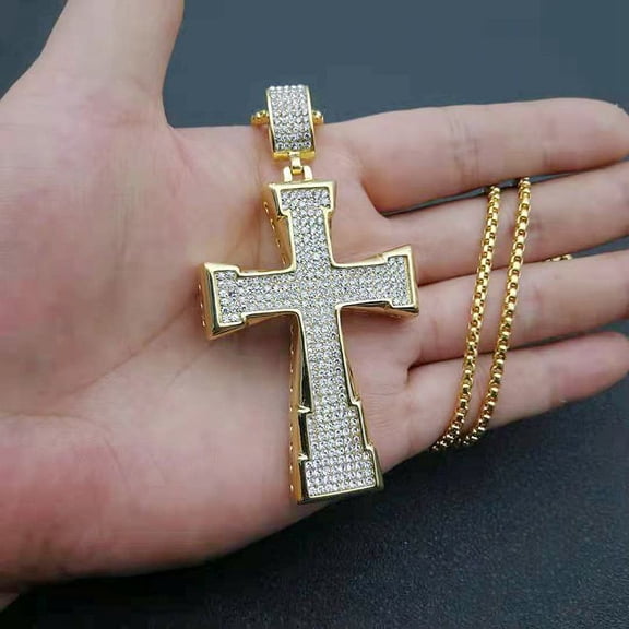 Hip Hop 14K Yellow Gold Jewelry Jesus Zircon For Men Women Iced Out Big Cubic Zirconia Cross Pendant Necklace