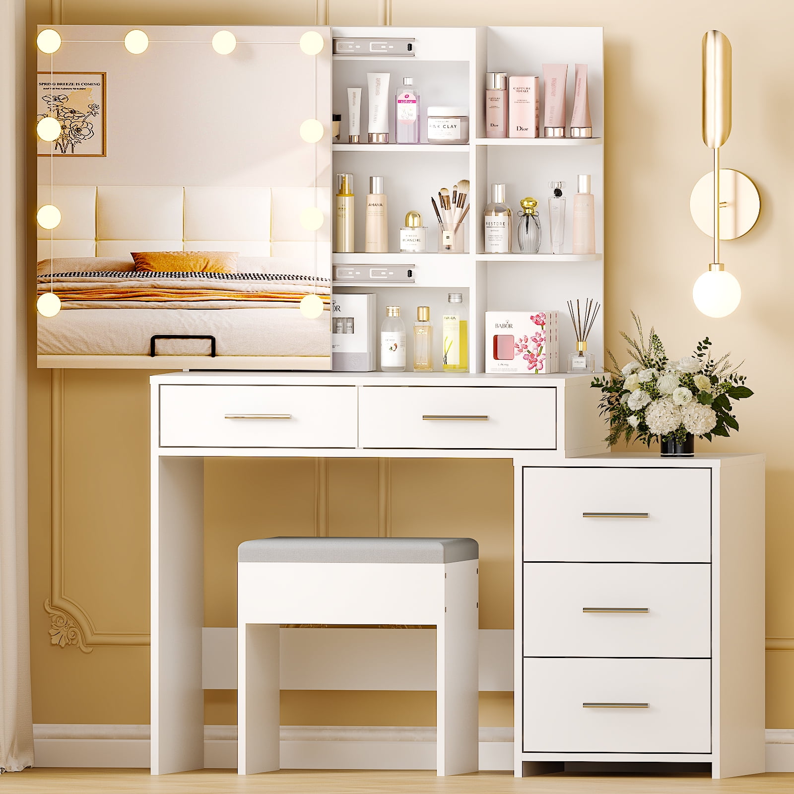 Ktaxon Lighted Makeup Vanity Table Set, Dressing Table with Sliding Mirror, Vanity Desk , White