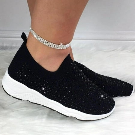Women Slip On Glitter Bling Trainers Sports Sneakers Sock Shoesblack 40 Walmart