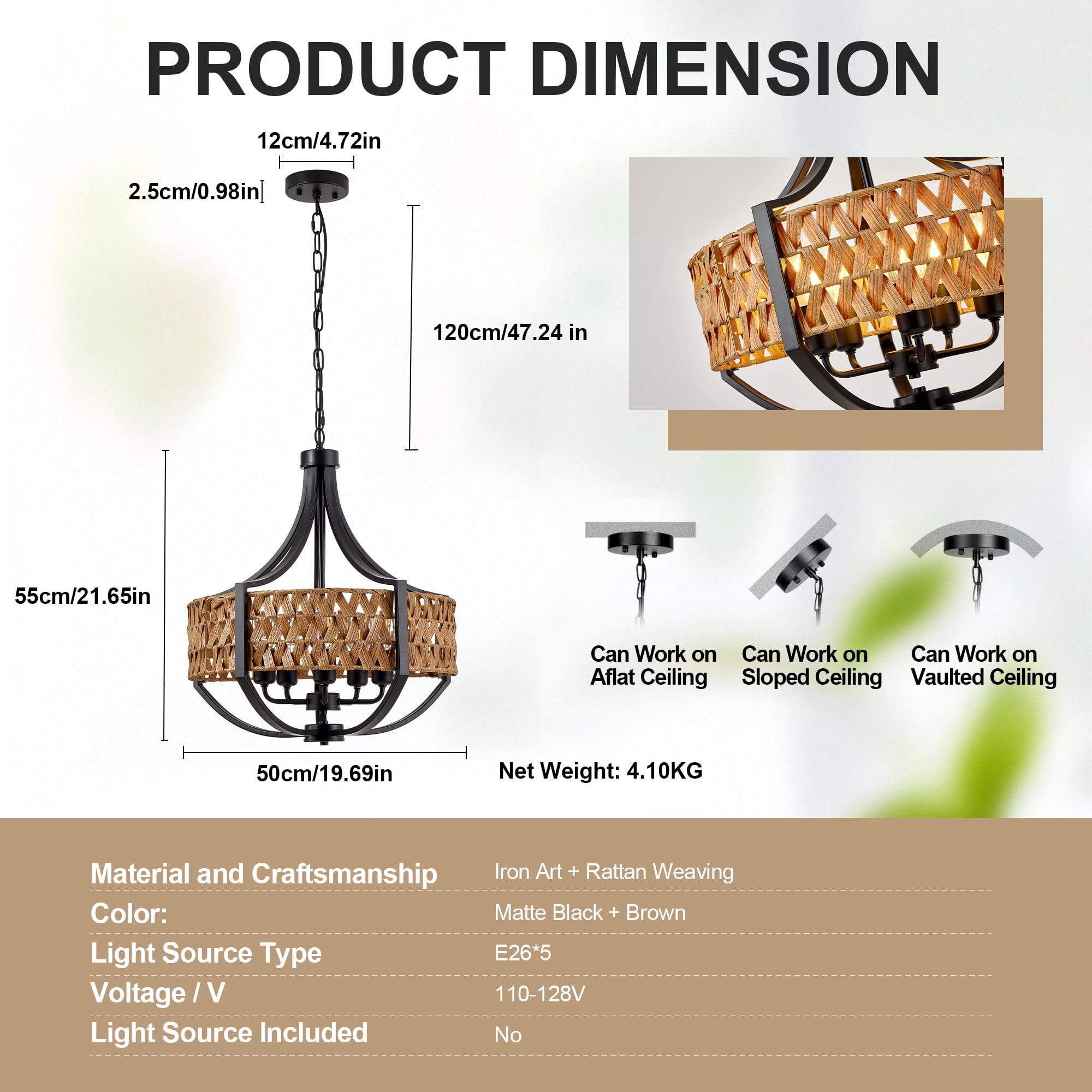 Leumius Rattan Chandelier, 5-Light Boho Chandelier with Natural Woven Reed Shade, Farmhouse Hanging Ceiling Light Pendant Light for Dining Room, Living Room, Foyer, Bedroom Hallway