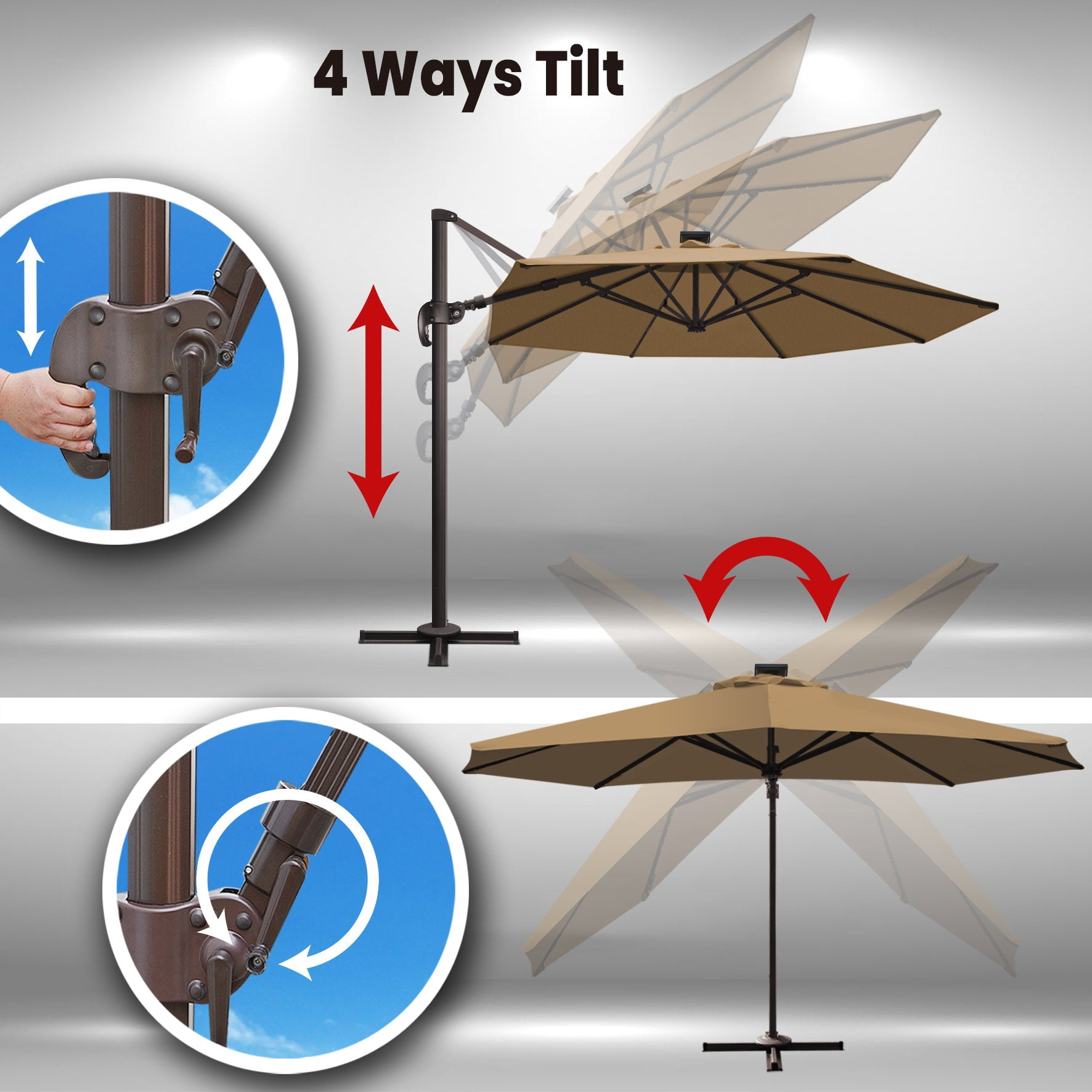 SUNRISEUMBRELLA 11' Deluxe Cantilever Umbrella LED Lighted Umbrella Sunbrella Cover Patio Umbrella Garden Outdoor (Cocoa)