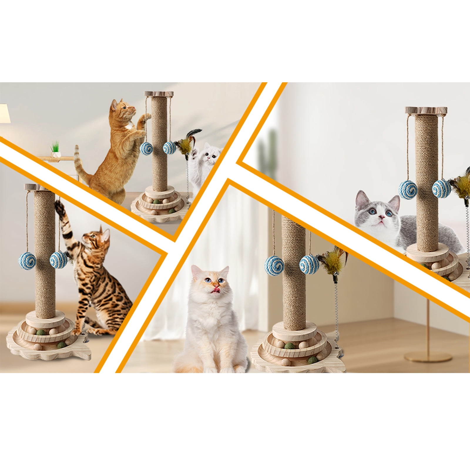Cat Scratching Post - 4 in 1 Wooden Cat Scratcher Toy, 18" Tall Scratch Post with 2 Level Cat Track Balls, 2 Interactive Feather Toys and 2 Sisal Hanging Balls for Indoor Kittens, Adult Cats, Gifts