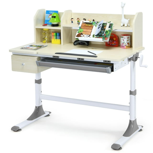 Costway Adjustable Height Kids Study Desk Drafting Table w/Bookshelf&Hutch Grey