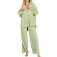 thumbnail image 3 of Baqcunre Sweatpants Women Women 2 Piece Outfits Long Sleeve Loose Fit Button Down Shirts Blouses Tops Wide Leg Long Pants Sets Workout Sets For Women Womens Pants Mint Green S, 3 of 9