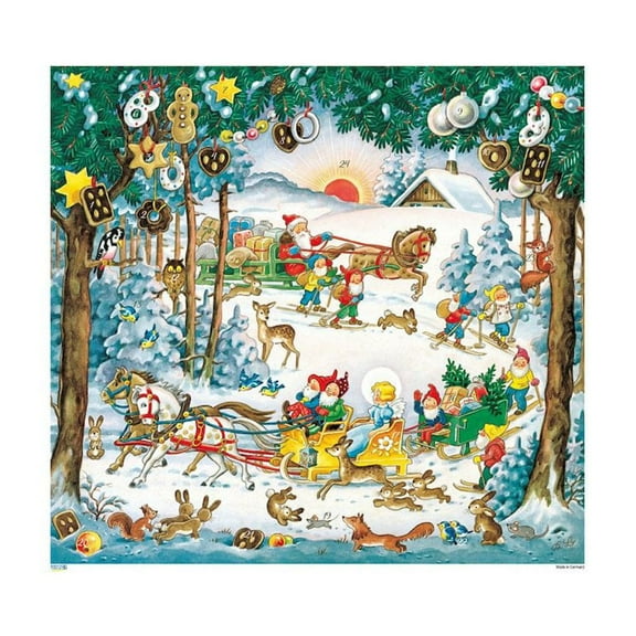 KORSCH Advent Calendar - Vintage Design 11.75" Square Santa & Elves in Sleighs