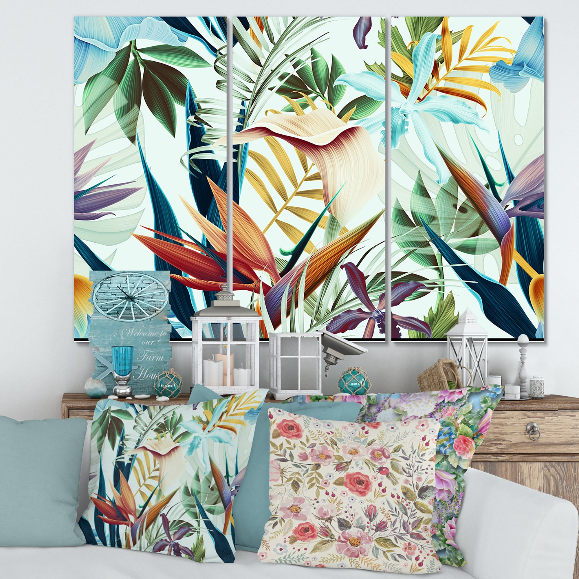 Designart ' VIntage Tropical Flowers I ' Tropical Canvas Wall Art Print