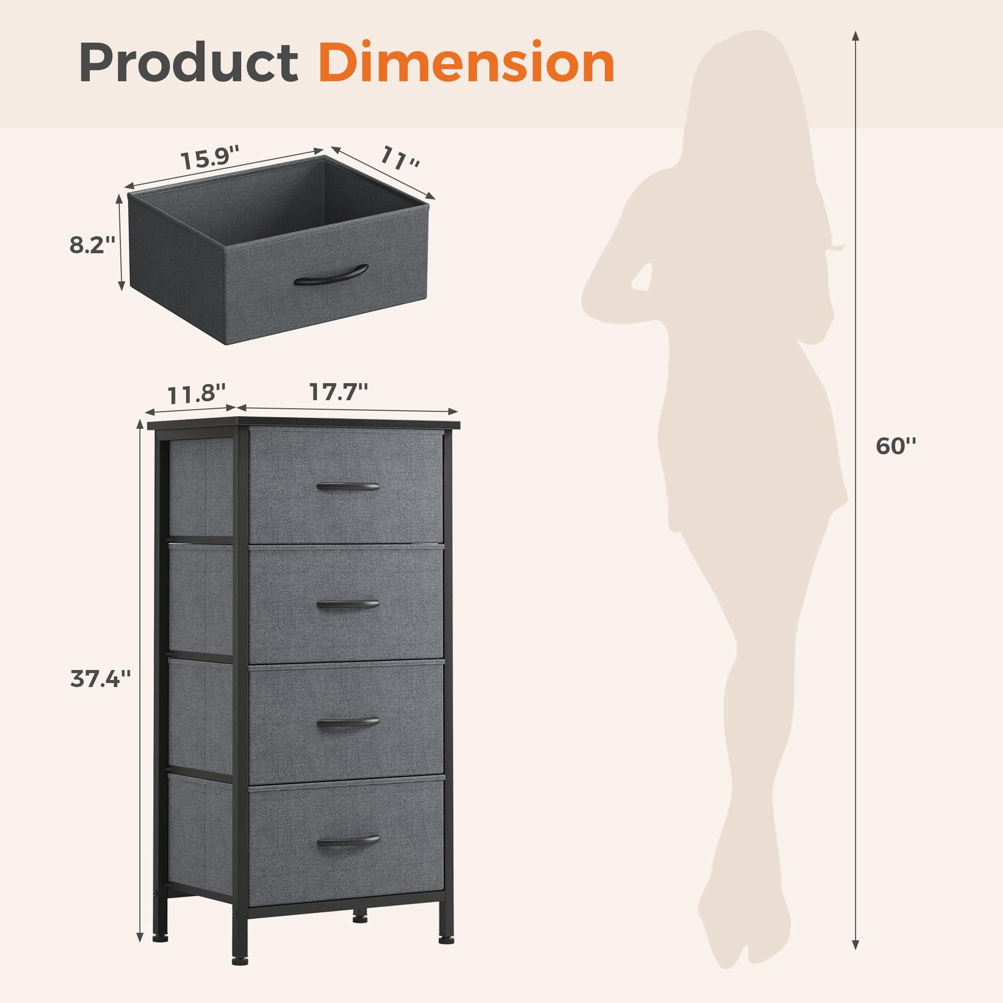 Telyra 4-Drawer Fabric Dresser 37.4" Tall Storage Tower with Wood Top and Steel Frame Narrow Organizer, Gray