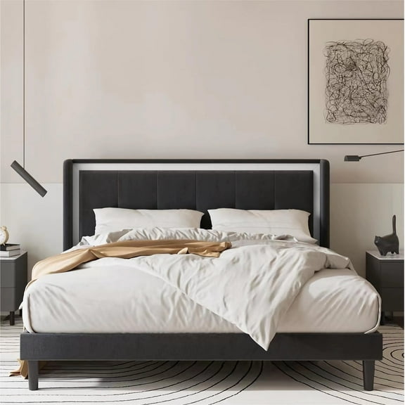 Youmumeub Full Bed Frame, Platform Bed Frame with Fabric Upholstered Headboard and Wooden Slats Support Wing Edge Design/Wooden Slats Support/No Box Spring Needed/Easy Assembly, Gray Full Bed