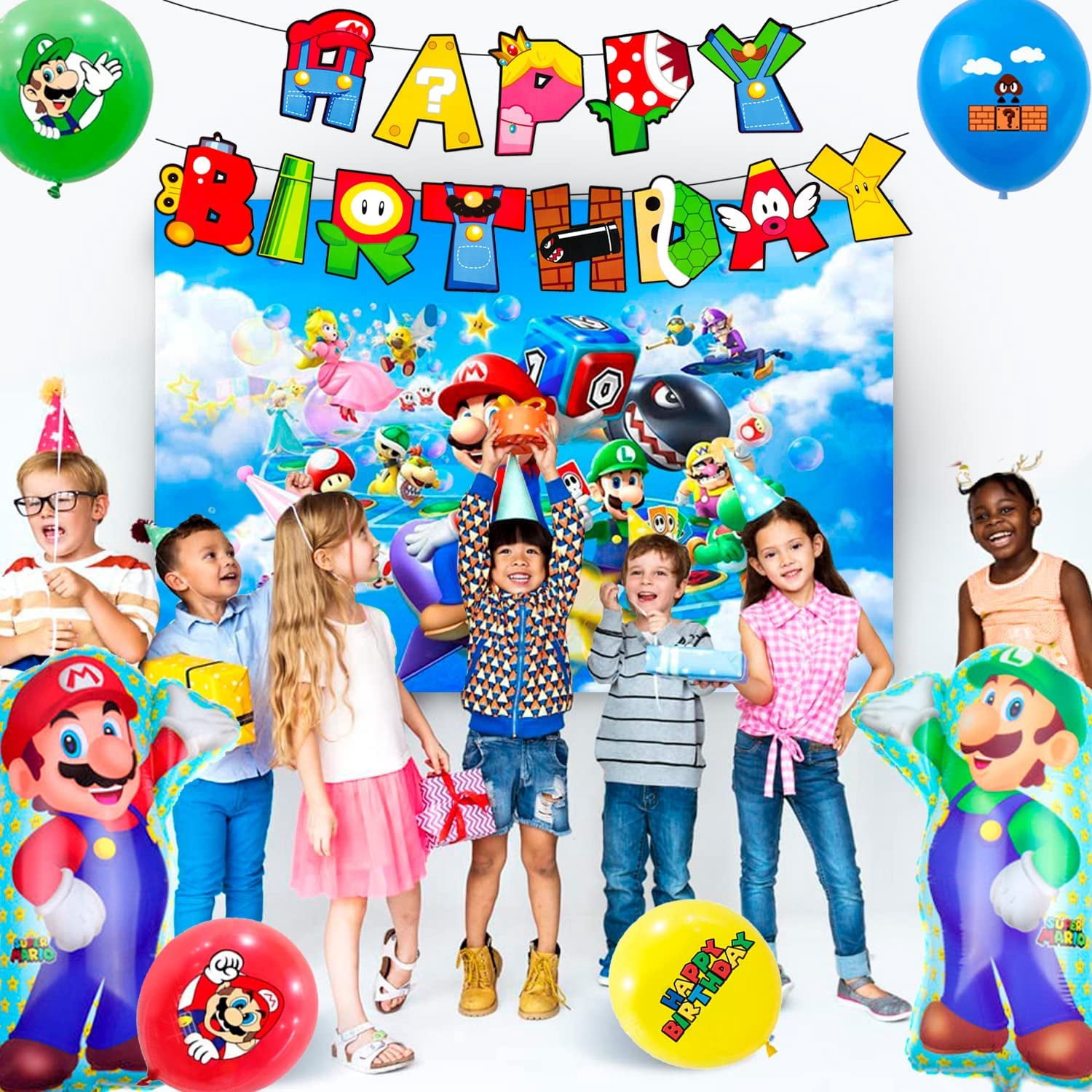 Super Mario Birthday Party Supplies,177pcs Mario Party Decorations&Tableware Set-Mario Party Plates Cups Napkins Table Cloth Balloons Backdrop Banner etc Super Mario Birthday Decorations