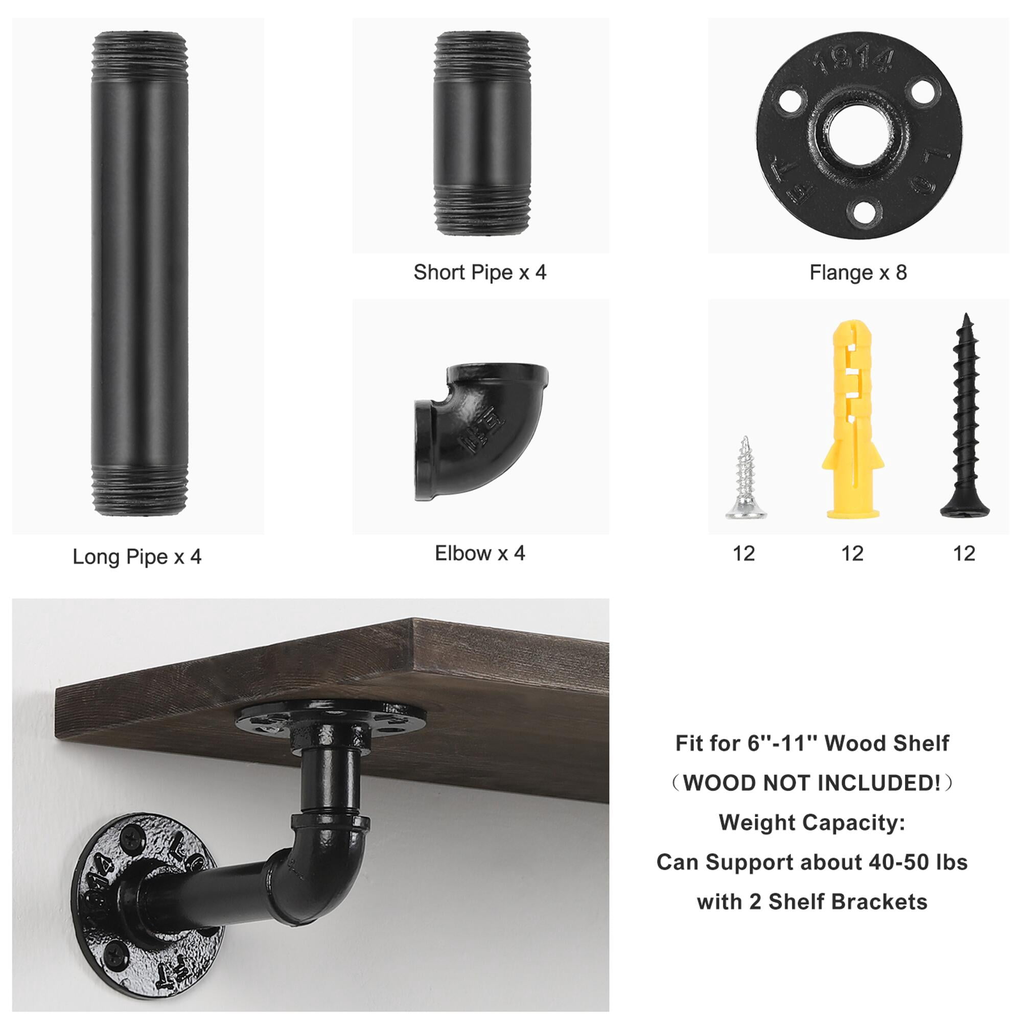 NEX Set of 4 Industrial Rustic DIY Wall Shelves Brackets Pipe Shelf Brackets, Black