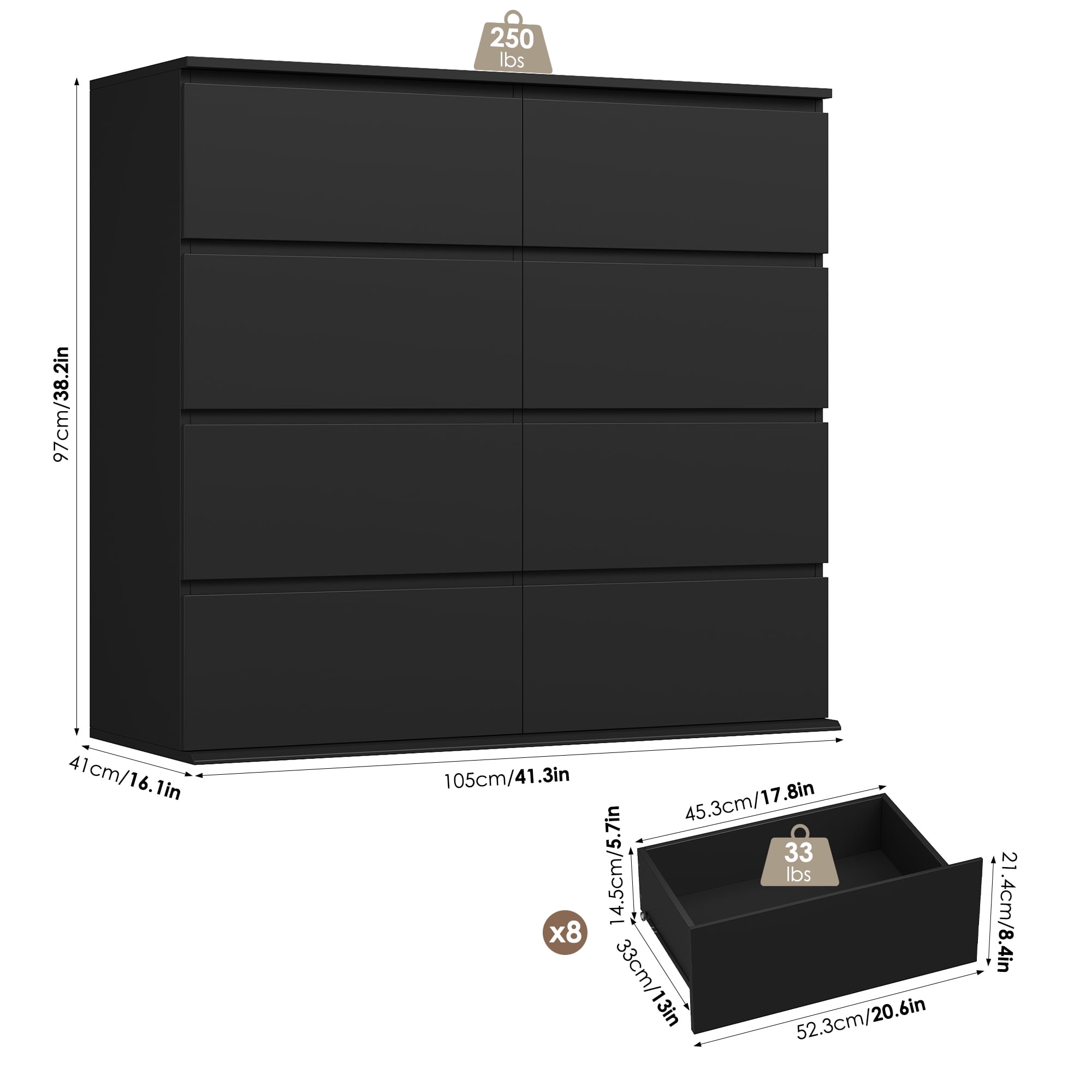 Homfa 8 Drawer Dresser for Bedroom, 41.3" Horizontal Dresser Chest with Easy Pull Bevel Handle, Storage Cabinet for Living Room, Black