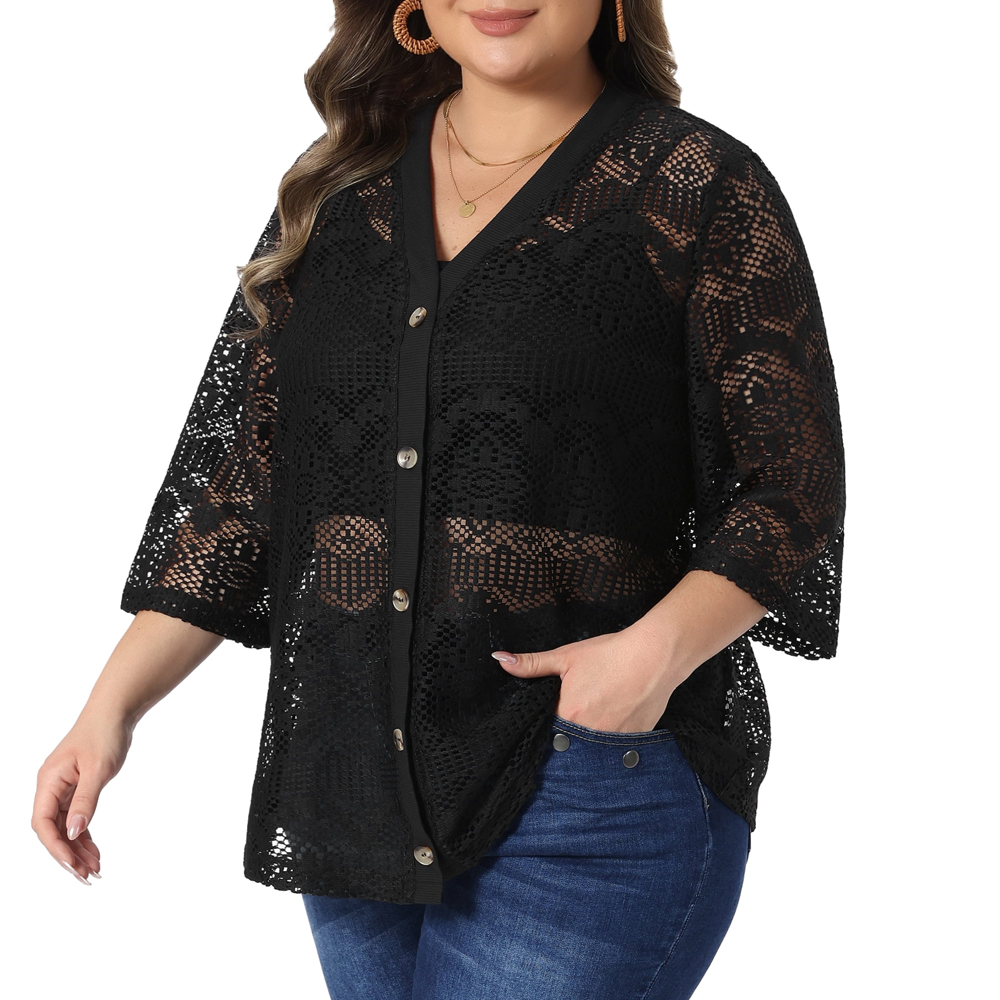 DARING DIVA Women's Plus V Neck 3/4 Sleeve Crochet Button Front Cover Up 1X Black