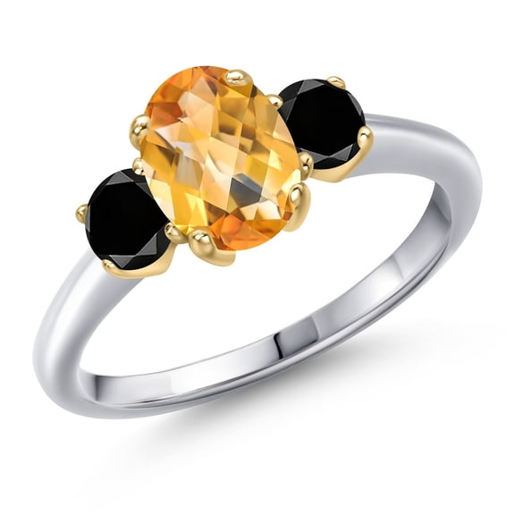 Gem Stone King 925 Silver and 10K Yellow Gold Yellow Citrine and Black Diamond Engagement Ring for Women | 1.79 Cttw | Oval Checkerboard 8X6MM | Gemstone November Birthstone | Size 7