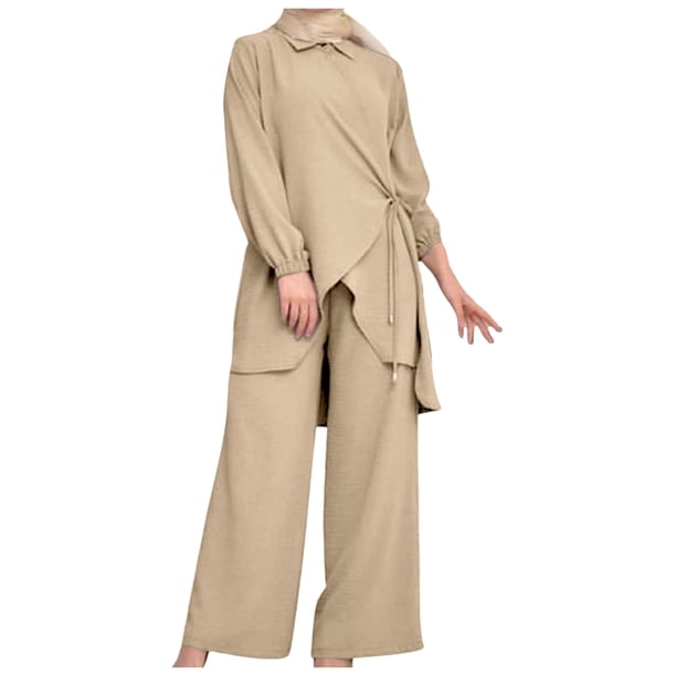 Conjunto de camisa musulmana de manga larga con solapa y pantalones anchos para mujer: traje informal holgado de color liso