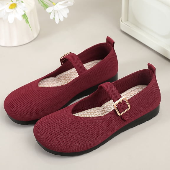 CHWshoes Wide Toe Flats Shoes Women Knit Ballet Flats Mary Jane Dress Flat Wide Width Walking Shoes,Red Size 40