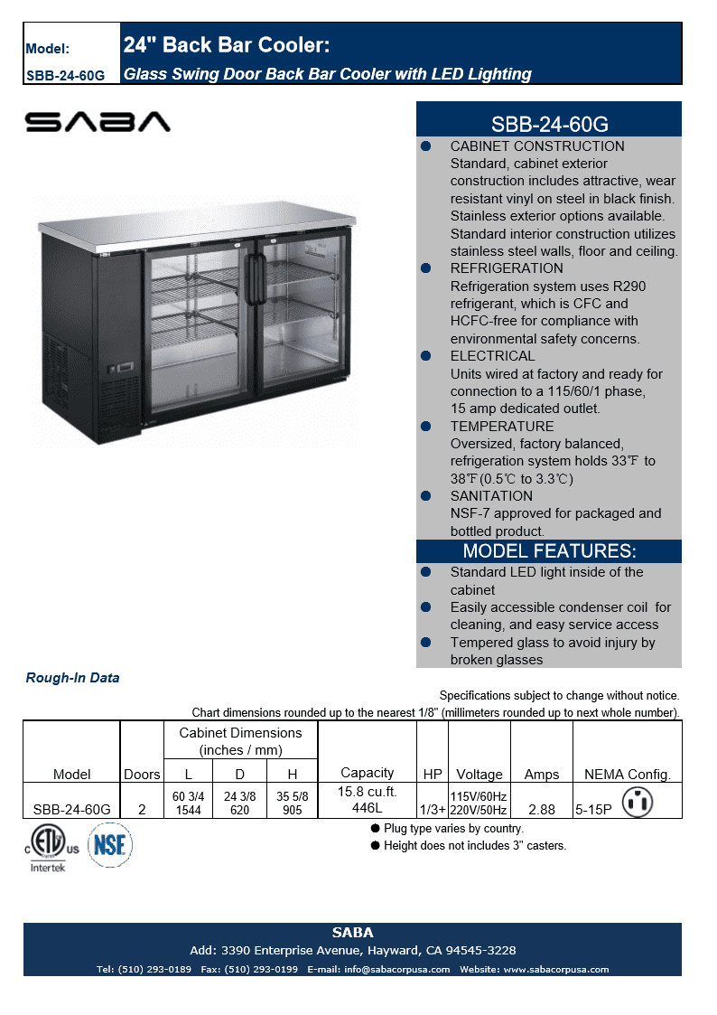 Heavy Duty Commercial Black Back Bar Cooler with 2 Glass Doors (24" depth 60" length)