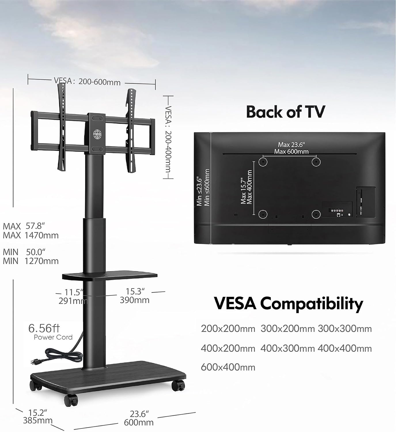 FITUEYES Rolling TV Stand for 32–75 Inch TVs, Black, Power Outlet, Swivel Mount