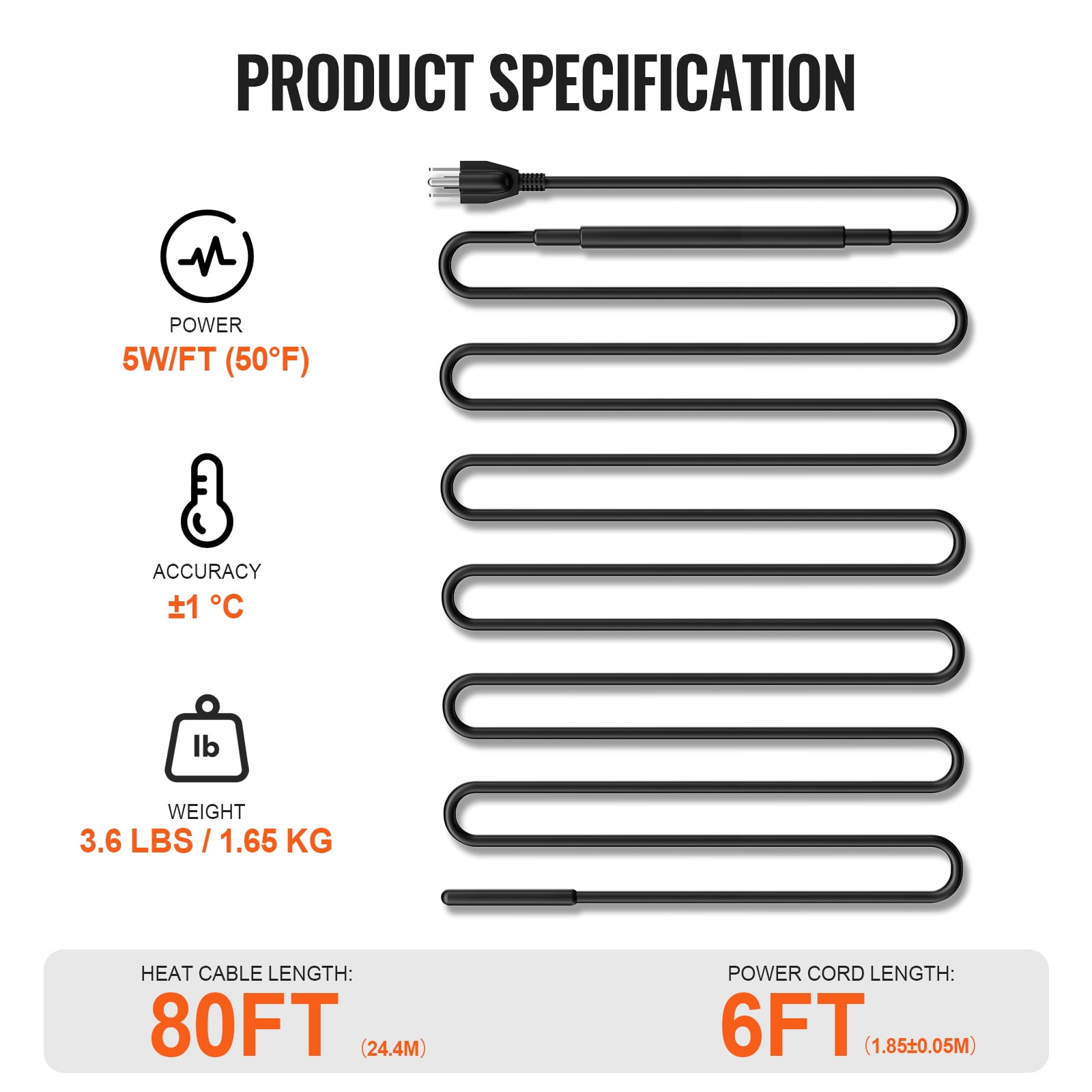 KFFKFF Self-Regulating Pipe Heating Cable, 80FT 5W/FT Heat Tape for Pipe Freeze Protection, Roof Snow Melting, and Gutter De-icing