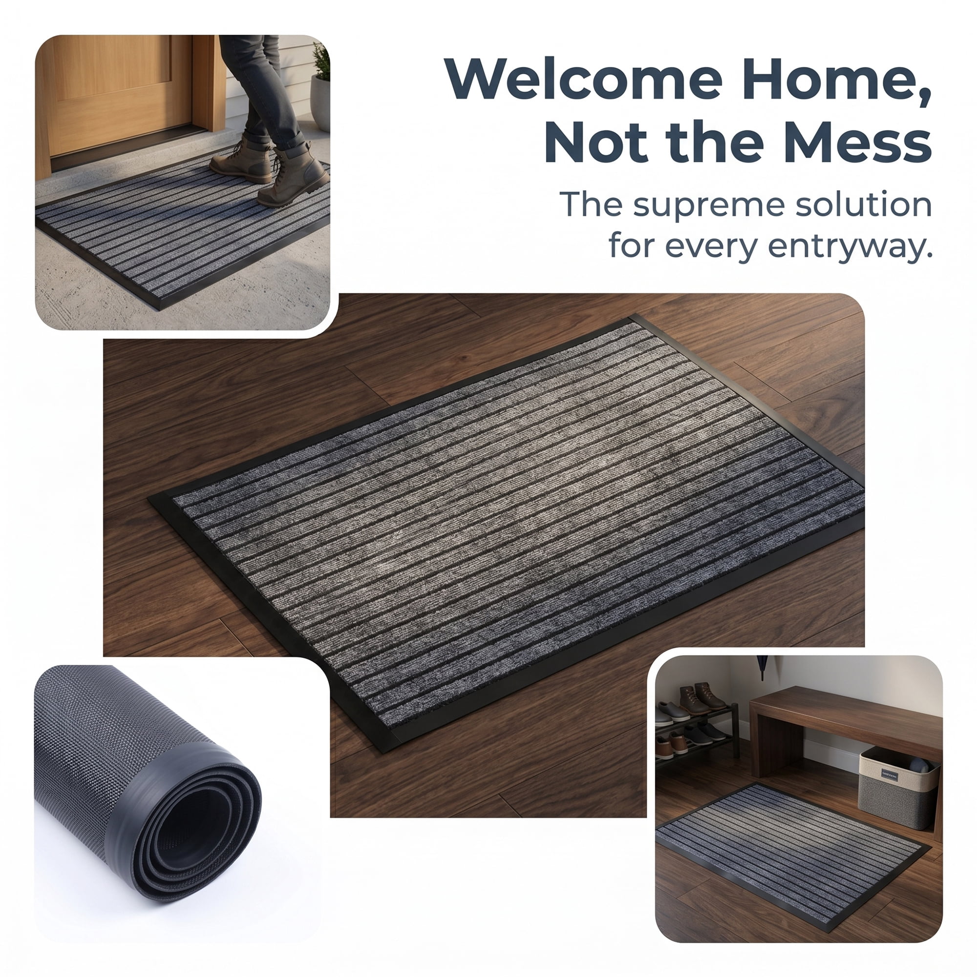 Unique Bargains Waterproof Non-Slip Ribbed Scraper Welcome Front Door Mat Grey 32" x 20"