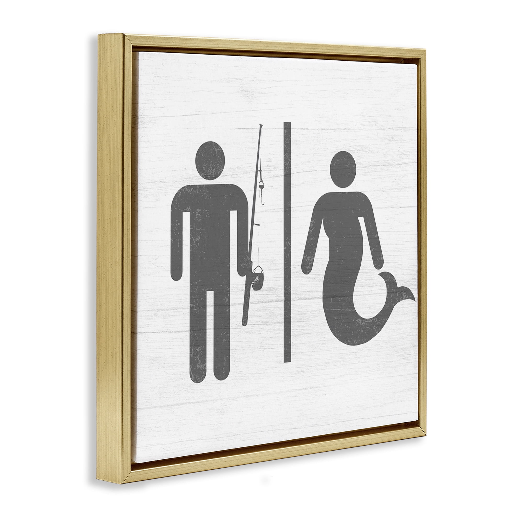 Stupell Industries Fisherman or Mermaid Bathroom Typography Painting Gold Floater Framed Canvas Art Print Wall Art, 18 x 18