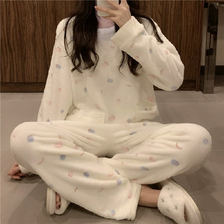 

Autumn Winter Warm Flannel Women Pyjamas Sets Thick Coral Velvet Long Sleeve Cartoon Sleepwear Thin Flannel Pajamas Set