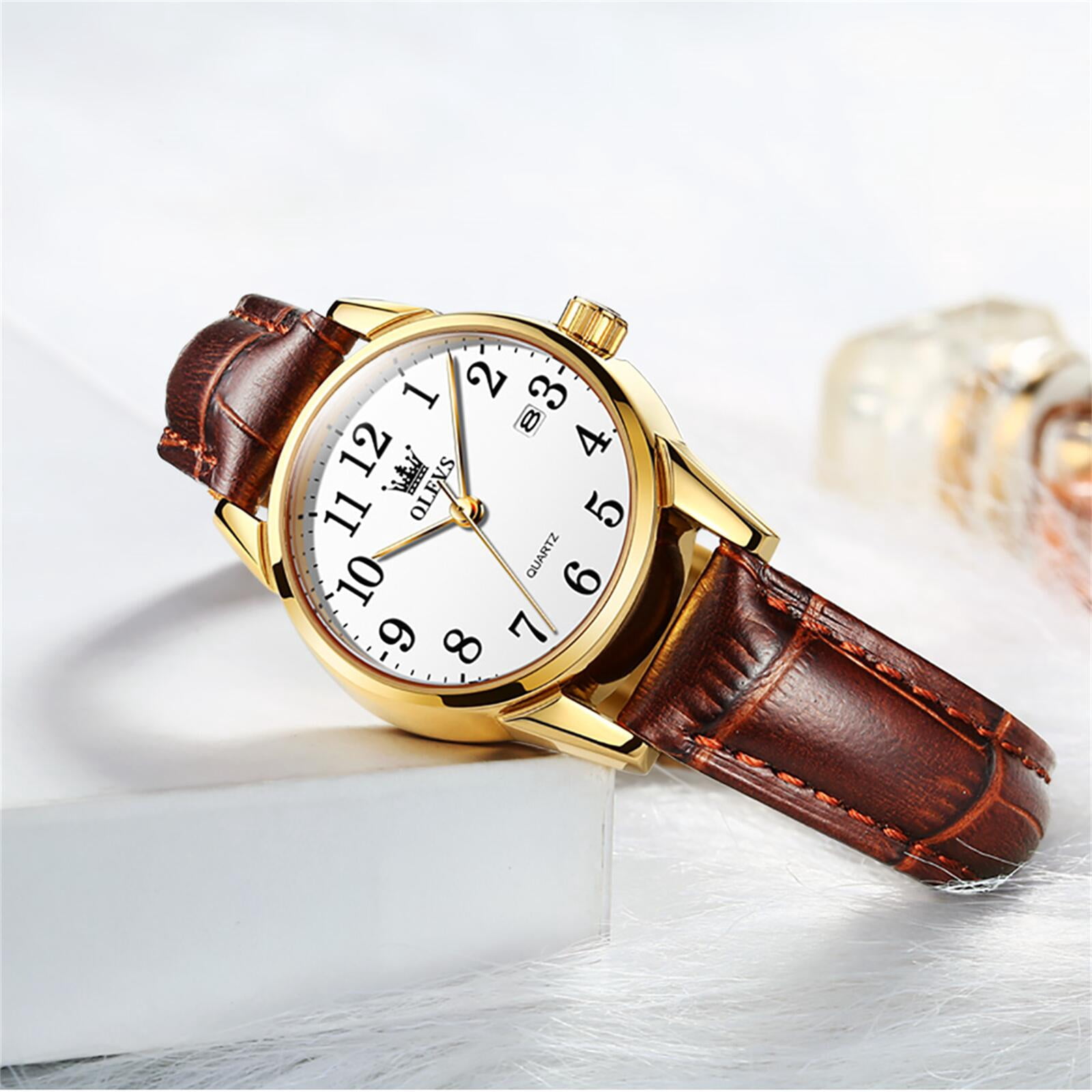 OLEVS Watches for Women Luxury Dress Analog Quartz Easy Read Digital Date Classic Luminous Brown Leather Strap Waterproof Female Wrist Watches Relojes para Mujer