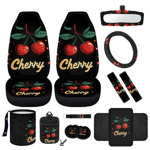 Yuyamidu Cherry Car Seat Cover Set 12 PCS Auto Bucket Seat Covers for Women Steering Wheel Cover Seat Belt Pad Armrest Cover Garbage Bin Air Vent Pocket Rearview Mirror Cover Coaster Keychain