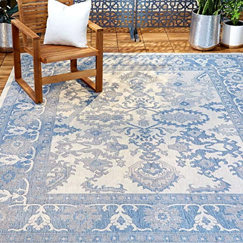 Nicole Miller New York Patio Country Ayana Transitional Border Indoor/Outdoor Area Rug, Grey/Blue, 3'11'x5'2'