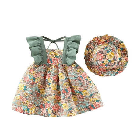 

GWAABD Girls Semi formal Dress Green Cotton Blend Toddler Baby Girls Summer Princess Dresses Vacation Sleeveless Hat Set Ruffles Floral Dress 80
